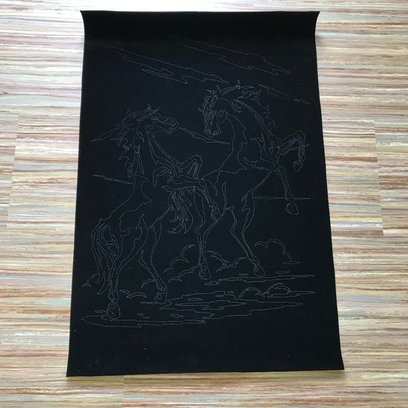 Wild Horses Pre-Printed Black Velvet Fabric Wall Hanging Artex Tri-Chem Painting - Picture 1 of 4